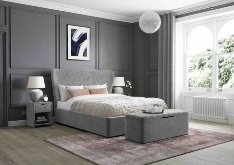 neva fluwelen afwerking gestoffeerde ottoman bedframe in grijs, huis mooie collectie bij dromen﻿