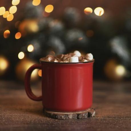 zimska šlag topla kava u crvenoj šalici sa marshmallowom ruralna mrtva priroda božićna razglednica