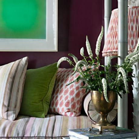 Grønt, rom, stue, interiørdesign, møbler, rødt, rosa, turkis, hjem, bord, 