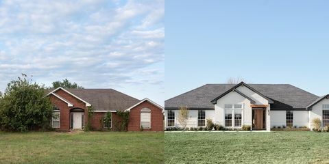 voor en na de buitenkant van het huis vanaf het moment dat het rode baksteen was en bedekt was met bomen tot de uiteindelijke witte baksteenlook met verwijderd landschap