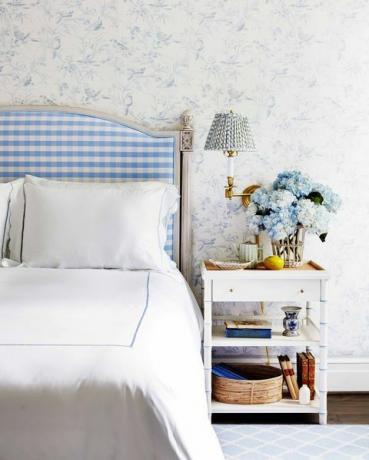 Sovrum, blå, möbler, vit, säng, rum, vägg, inredningsdesign, nattduksbord, gul, 