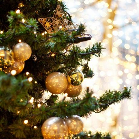 夜の装飾品とトリミングされたクリスマスツリー