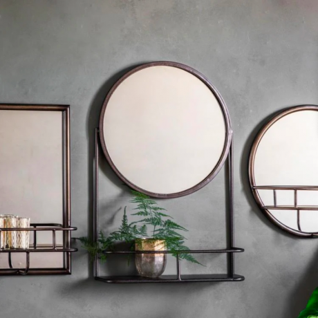 Espejo de pared redondo Della con estante en óxido