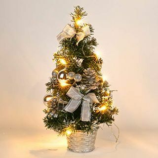 Mrinb Pom de Crăciun mic cu lumini, mini brad de decorare pentru birou pentru barul de cumpărături, biroul de acasă (argintiu)