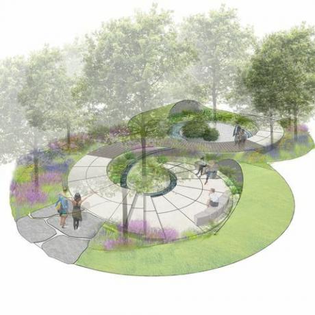 the cancer research uk legacy tuin, showtuin, ontworpen door tom simpson, gesponsord door kankeronderzoek uk, rhs hampton court palace garden festival 2021