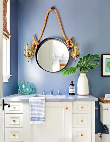 Badezimmer, Zimmer, weiß, blau, Möbel, gelb, Innenarchitektur, Badezimmerschrank, Produkt, Spiegel, 