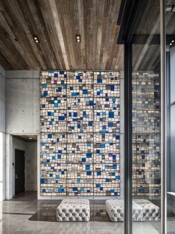 Витражната инсталация на Том Фруин в „Джаксън“, жилищна сграда, проектирана от архитектурната фирма Fogarty Finger в Лонг Айлънд Сити, Ню Йорк.