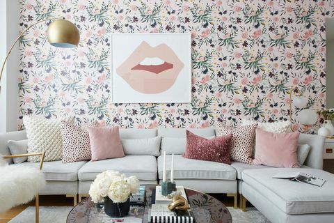 Sala de estar, papel de parede, quarto, rosa, parede, design de interiores, móveis, padrão, design, design de interiores, 
