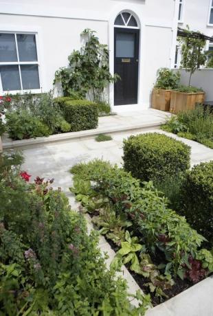상자 장식(Buxus sempervirens)과 혼합 식용 식물이 있는 공식적인 앞 정원. Adam Frost가 디자인한 2009년 Hampton Court Flower Show 'City Harvest'.