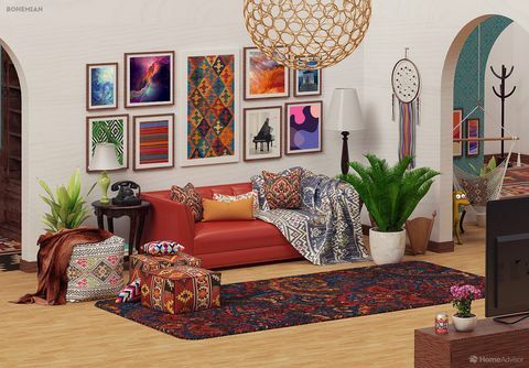 リビングルーム、家具、部屋、インテリアデザイン、ソファ、オレンジ、テーブル、装飾、紫、壁、 