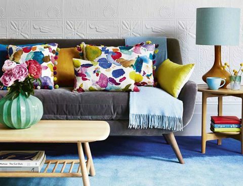 Geltona, kambarys, žalia, interjero dizainas, baldai, siena, violetinė, svetainė, pagalvė, pagalvė, 