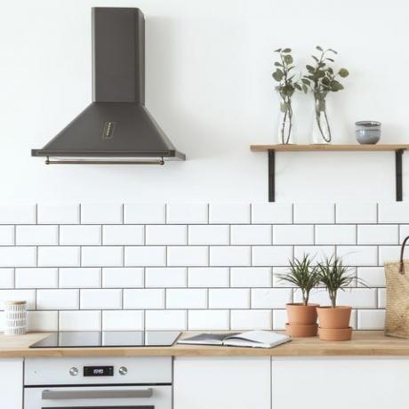 Модеран скандинавски отворени простор са кухињским прибором, биљкама, дрвеним полицама и торбом од сламе. Дизајн соба са зидовима од беле опеке.
