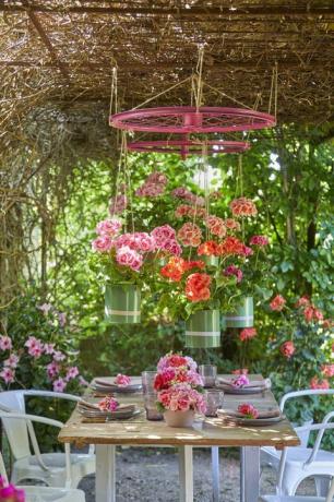geranija, pelargonijeva dekoracija poletne vrtne mize