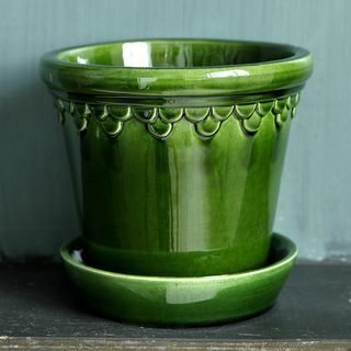 コペンハーゲン釉植木鉢とソーサー-エメラルド-21cm