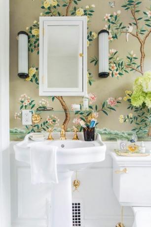 kylpyhuone, valkoinen, huone, vihreä, seinä, pesuallas, Sisustussuunnittelu, hana, peili, kylpyhuonekaappi,