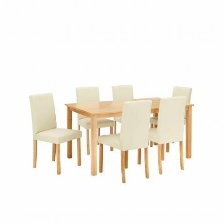 Ruokapöytä ja 6 keinonahkaista tuolia 